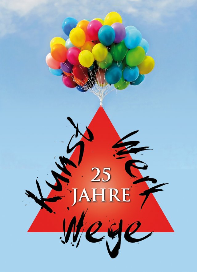 KunstWerkWege-Logo wird von einem großem Bündel Luftballons in den Himmel gehoben.