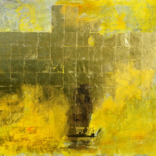Abstraktes Gemälde: Im Hintergrund goldene Fliesen, im Vordergrund goldgelbe Farbwolken, in der unteren Mitte ein angedeutetes Segelboot in Schwarz.